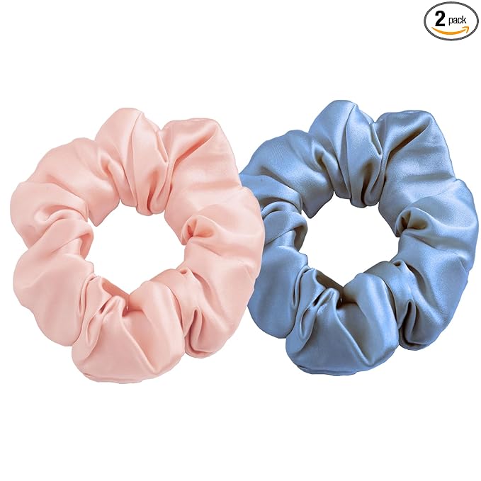 SALE!! Mulberry Silk Scrunchies and Hair Ties - 16 Momme Silk for Sleep, for Women with Curly, Thick, or Thin Hair (2, 12 Pink & Blue)