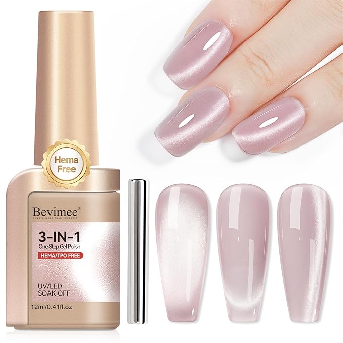 One Step Gel Polish 3-in-1, Pink Cat Eye Gel Nail Polish With Magnet, HEMA TPO Free Shimmer Magnetic Cateye Gel Polish Soak Off UV Nail Art Design Manicure DIY 12ml