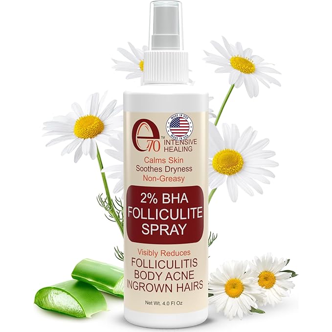 e70 Folliculitis Treatment 2% BHA Body Spray - Salicylic Acid with Tea Tree Oil & Aloe Vera - Spray Moisturizer for Dry Skin, Clogged Pores & Irritation by Made in USA, 4 fl. oz