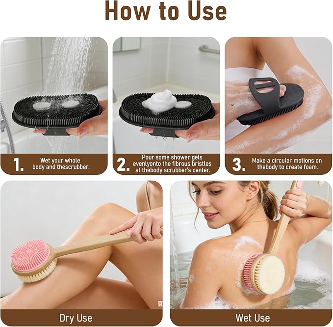 Back Scrubber for Shower + Body Scrubber 2 Pack, Dual Sided Silicone & Nylon Bristles Lather Well Exfoliating Anti-Slip Wood Long Handle Back Scrubber Body Exfoliator for Wet/Dry Bath Brush Pk+Bl