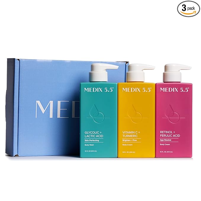 MEDIX Smooth & Glow 3PC Skin Care Set | Glycolic Acid Exfoliating Body Wash Gel + Brightening Vitamin C Cream + Firming Retinol Body Lotion Gift Box | Skin Care Products | Gifts For Women