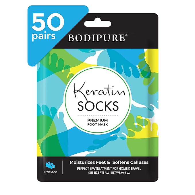 Bodipure Premium Keratin Foot Mask Socks | At Home Spa Moisturizer Socks for Dry Cracked Feet, Callus & Heel Softening | Easy-to-Use Pedicure Foot Repair | Chemical-free Feet Treatment | 50 Pairs
