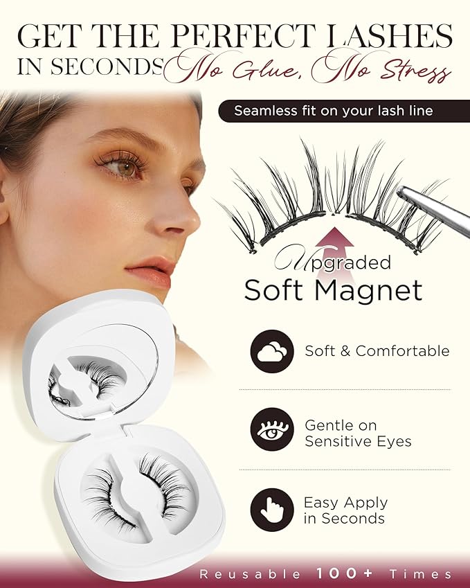 BEYELIAN Magnetic Eyelashes with Applicator Kit, Upgrade Soft Magnetic False Eyelashes Natural Look, No Glue Needed Reusable Magnetic Lashes for Eye Makeup (Lightweight & Comfortable)