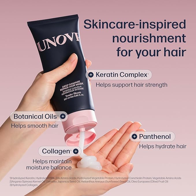 UNOVE Deep Damage Repair Hair Mask - Protein Hair Treatment & Hair Mask for Damaged Hair | Deep Conditioning & Keratin Hair Mask for Dry, Frizzy Hair | Korean Hair Care | Tender Bloom, 7 fl oz