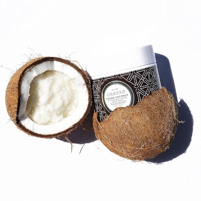 LALICIOUS Sugar Coconut Exfoliating & Moisturizing Body Scrub | Sugar & Coconut Oil | Pre-Shave Scrub for Ingrown Hairs & Razor Bumps | Gently Buffs & Smooths Sensitive Skin | No Parabens | Large 16oz