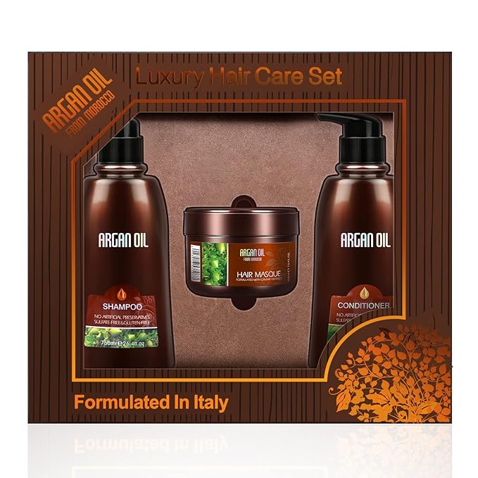 Moroccan Argan Oil Shampoo and Conditioner Sets with Hair Mask, Color Safe Smooth Add Shine Hair Treatment, UV Protection, Intense Moisturizing For Dry, Damaged, Frizzy,3 pack with Gift Box