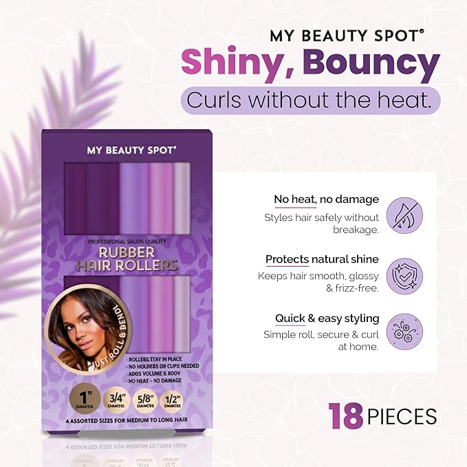 My Beauty Spot Flexi Rods Foam Hair Rollers 3/4" 5/8" and 1" Diameter Professional Salon Quality 12 Pcs Rubber Hair Rollers for Long, Medium and Short Hair (Purple)