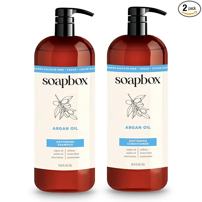 Soapbox Argan Oil & Vanilla Shampoo & Conditioner Set, Leaves Hair Smooth & Controls Frizz - Clean Ingredients Free of Harsh Chemicals, Sulfates, Parabens & Silicones - 1 Liter Each