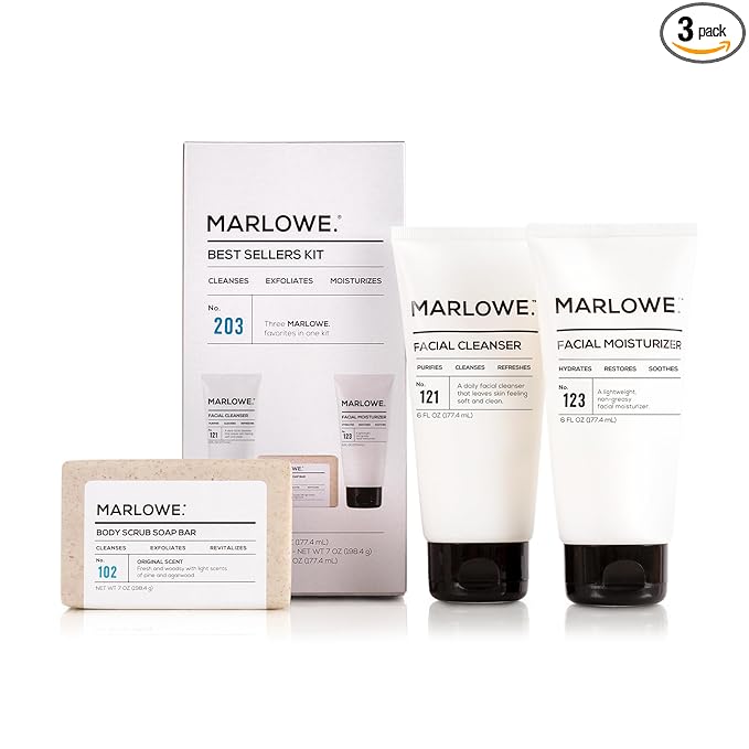 MARLOWE. Men's Skin Care Set, 3-Piece Best Sellers Kit, Exfoliating Scrub Soap Bar, Purifying Facial Cleanser & Hydrating Facial Moisturizer, Great Gift for Men, Clean, Vegan Grooming Essentials