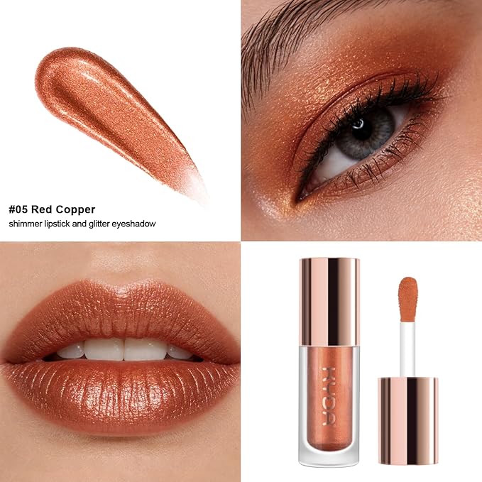 KYDA Liquid Glitter Eyeshadow, High Pigment Red Orange Metallic Glittery Finish, Soft Lightweight Creamy Formula, One-Swipe Coverage, Long-wearing Crease-Resistant Eyes Glitter Makeup, 0.25oz