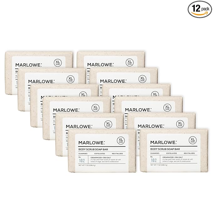 MARLOWE. No. 102 Body Scrub Soap 7 oz (12 Bars), Cedarwood & Sea Salt, Exfoliating Soap Bar with Shea Butter, Olive Oil & Green Tea Extracts, Cleanses, Smooths & Revitalizes Skin, Fresh & Zesty Scent