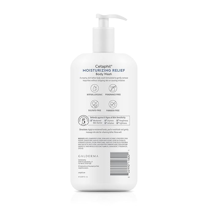 Cetaphil Body Wash, Moisturizing Relief Body Wash for Sensitive Skin, Creamy Rich Formula Gently Cleanses and Gives 24 Hour Relief to Dry Skin, Hypoallergenic, Fragrance Free, 20 oz