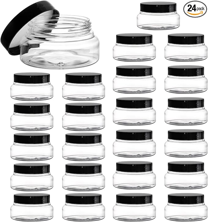 Yarlung 24 Pack 5 Oz Plastic Jars with Lids, Clear Body Scrub Jars Empty Refillable Containers Round Low Profile Samples Jars for Lotion, Body Butter, Sugar Scrub, Cream