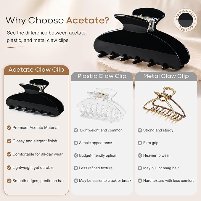 Aileam Acetate Hair Claw Clips for Women,Black White hair clip French Design Strong Hold Non-Slip claw clips for Thick Hair, 2 Pack