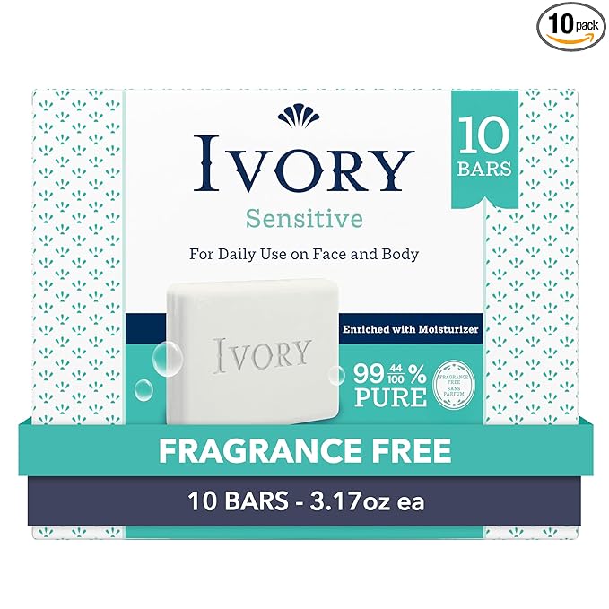 Ivory Sensitive Bar Soap, Designed for Whole Family, Fragrance Free, 99.44% Pure Formula, Plant-Based Cleanser, Made Without Heavy Perfume, Parabens, Phthalates, For All Skin Types, 3.17 oz (10 Count)