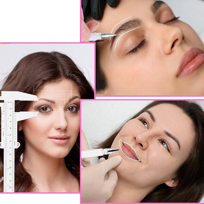 Eyebrow Microblading Marker Pen, 2 Pcs Brow Mapping Pens with with 4 Replacement Refills and 1 Ruler, Makeup Tattoo Skin Marker Pen, Brow Lamination Supplies for Eyebrow Lip Skin(White)