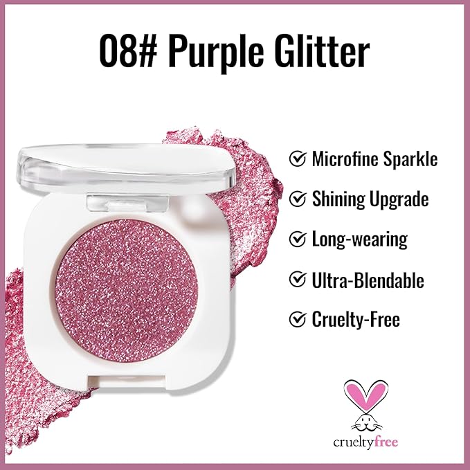 Erinde Purple Glitter Shimmer Single Eyeshadow, Metallic Glow Glitter Cream Eye Shadow, Monochrome Eyeshadow Palette Makeup, Waterproof Sombras para Ojos, Vegan & Cruelty-Free, 08