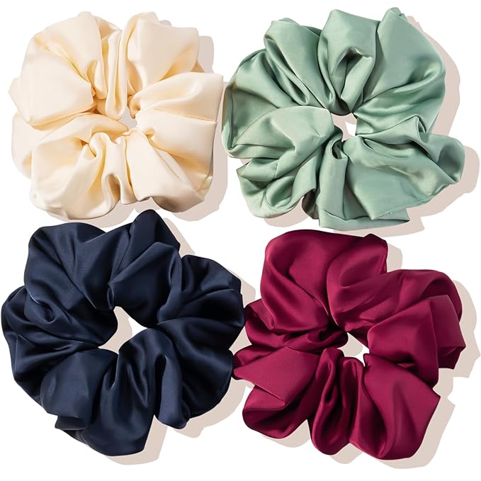 Lolalet Big Satin Scrunchies for Women, 5.9 Inch Large Oversized Scrunchie, Soft Jumbo/Giant Scrunchies Hair Ties for Thick & Curly Hair -4 Pack, Cream/Green/Navy Blue/Red