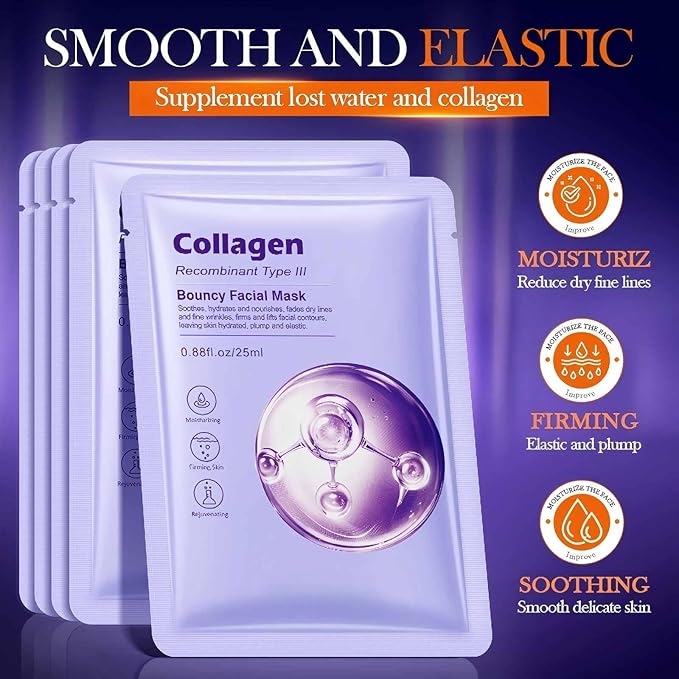 Collagen Face Mask with Recombinant Type III Collagen, Deep Hydrating & Bouncy Facial Mask, Moisturizing and Firming Sheet Mask for Smooth, Elastic Skin, Gentle for All Skin Types, 4PCS