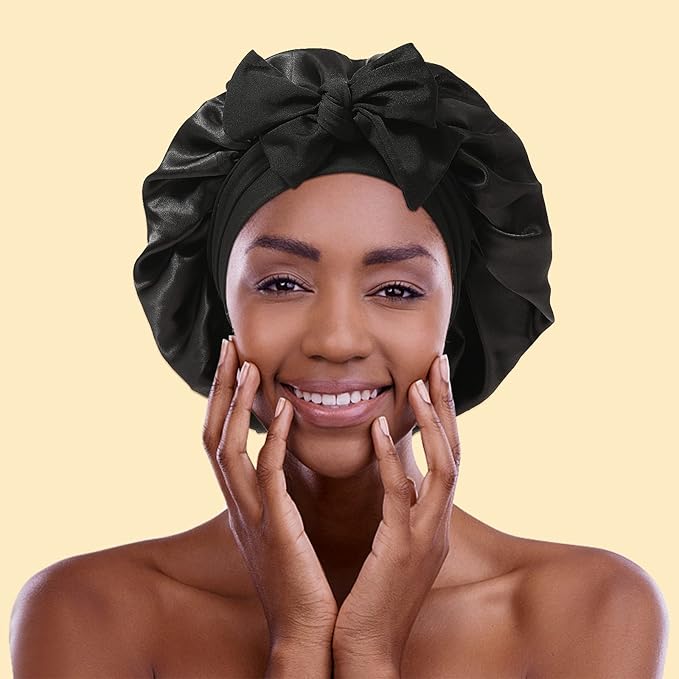Satin Bonnet for Women Tid Band Hair Bonnet for Sleeping Large 2 Layered Silk Sleeping Cap Nightcap for Sleeping with 3PCS Hair Scrunchies (Black(Bonus3 hair scrunchies))