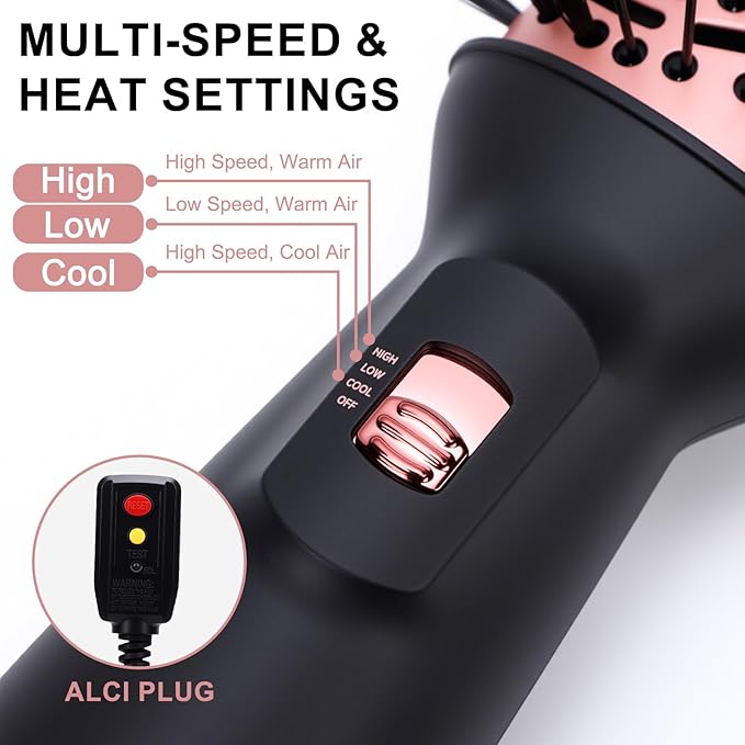 Dual Voltage Travel Hair Dryer Brush, Small Portable Ionic Powerful Blow Dryer, Drying Straightening Curling in One Step, Suitable for Women & Kids with Long Hair