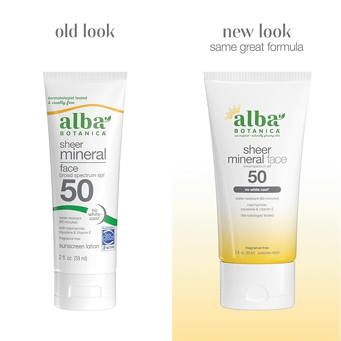 Alba Botanica Sunscreen for Face, Fragrance-Free Sheer Mineral Face Sunscreen Lotion, Broad Spectrum SPF 50, Water Resistant and Biodegradable, 2 fl. oz. Bottle (Packaging May Vary)