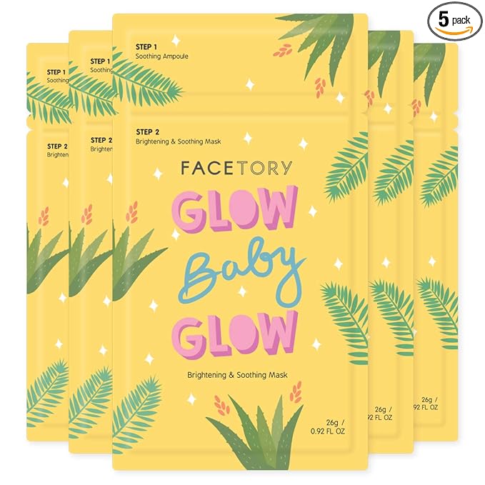 FACETORY K Beauty Face Mask Skin Care - Glow Baby Glow 2-Step Sheet Mask with Niacinamide & Aloe + Calming Ampoule | Hydrates, Glowing Skin (5 Pack)