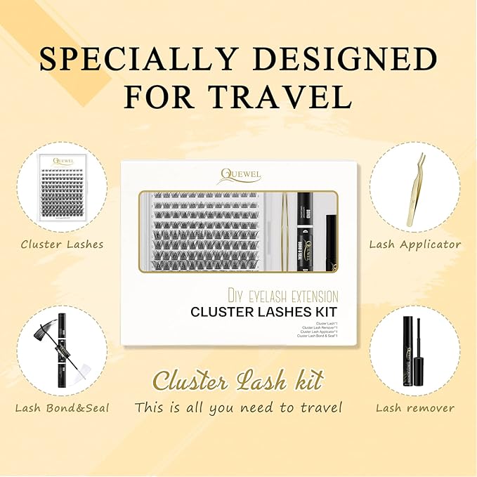 QUEWEL DIY Lash Extensions Kit Lash Clusters 144 Pcs, Cluster Lashes Golden Lashes Tweezers, Eyelash Clusters Bond and Seal Waterproof, Cluster Eyelash Glue Remover(QU-RR-DH-02)