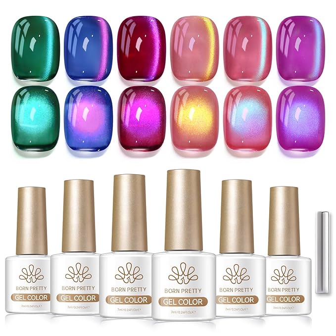 Born Pretty Spring Summer Cat Magnetic Eye Gel Nail Polish Set,Pink Blue Crystal Glass Magnetic Shimmer Glitter Gel Polish Nail Polish Manicure Salon DIY at Home 6Pcs 7ML