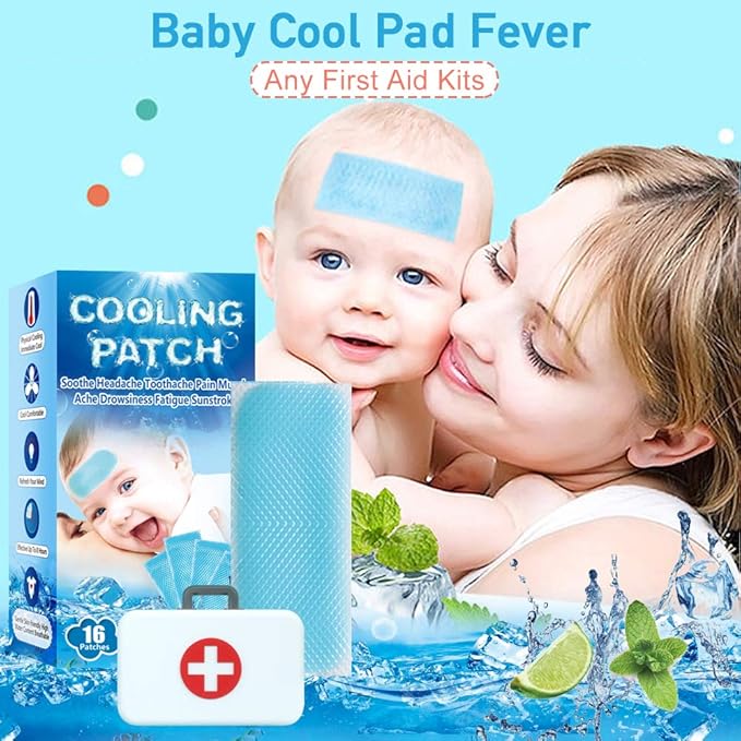 EASYEAH 16 Sheets Baby Cool Pads for Kids Fever Discomfort & Pain Relief, Cooling Relief Fever Reducer, Soothe Headache Pain, Pack of 16