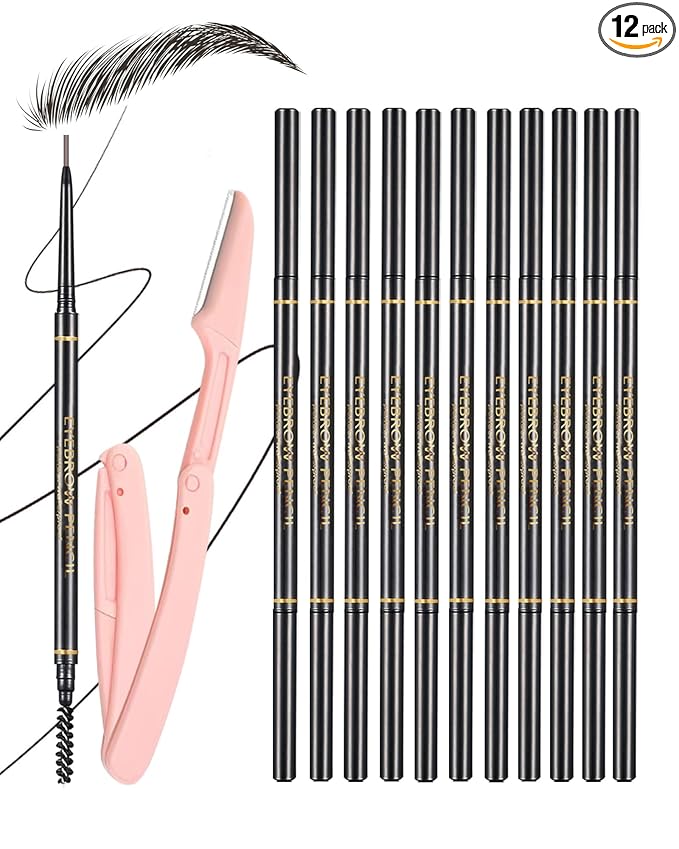 Black Eyebrow Pencils for Women, 12Pcs Ultra Slim Eyebrow Pencil with 2 Brow Razors Kit, Double Head 1.5mm Micro-Fine Tip & Spiral Brush, Can Draw Fine and Long-Lasting Brows Makeup