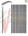 Black Eyebrow Pencils for Women, 12Pcs Ultra Slim Eyebrow Pencil with 2 Brow Razors Kit, Double Head 1.5mm Micro-Fine Tip & Spiral Brush, Can Draw Fine and Long-Lasting Brows Makeup