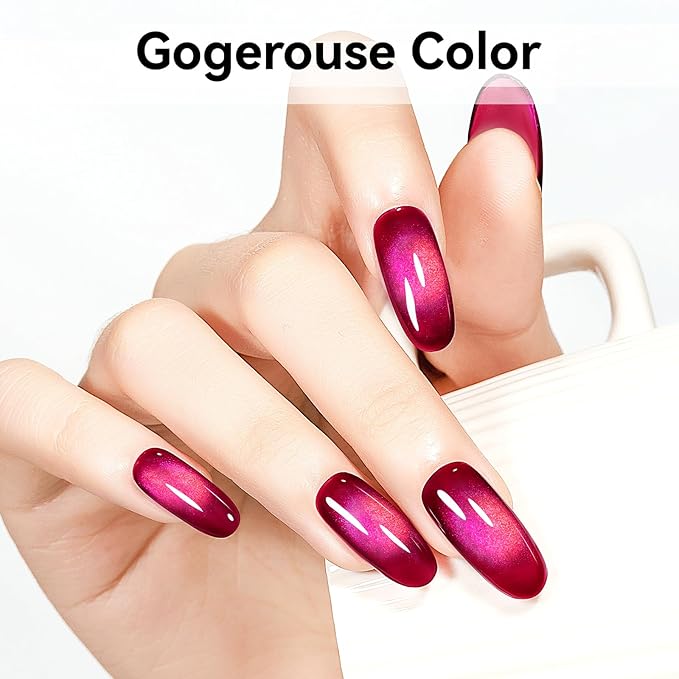 Hot Pink Cat Eye Gel Nail Polish, Magentic Nail Polish With Magnet Red Pink Double Magic Effect, Jelly Color Glitter Shimmer UV Gel for Gift Salon DIY at Home