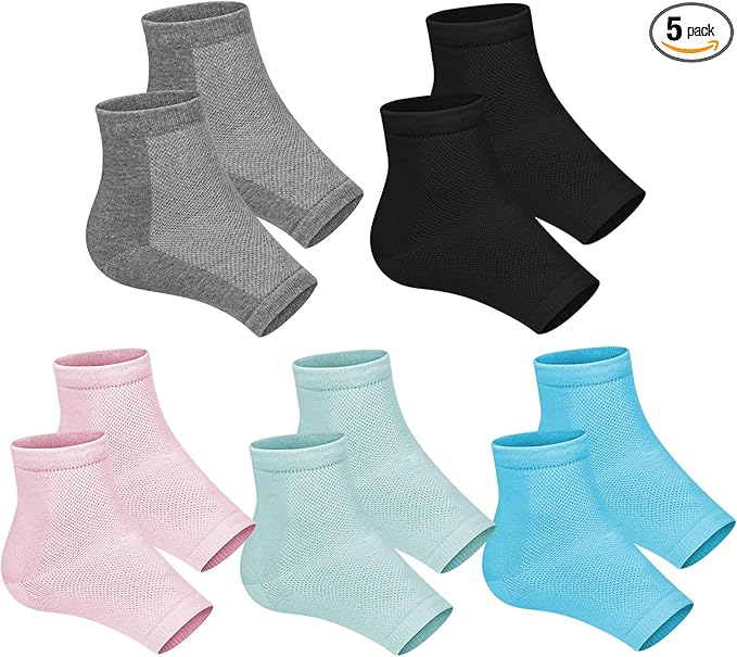 Cracked Heel Treatment Repair Socks - Ohtomber 5 Pairs Silicone Gel Foot Care Softener Toeless Pedicure Moisturizing Dry Feet Socks for Dry Cracked Heels