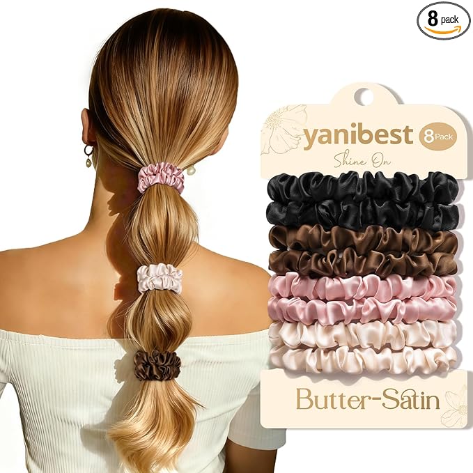 Yanibest 8 Pcs Satin Hair Ties - Hair Scrunchies for Women & Girls, Thin Silk Hair Ties No Damage, Ponytail Holders Gentle on Hair