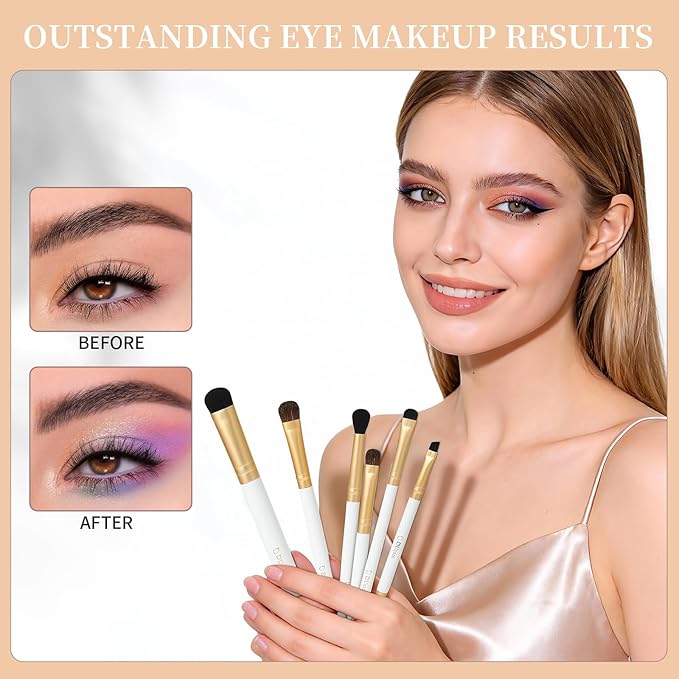 DUcare Eye Makeup Brush Set, 6 Pcs Professional Eyeshadow Blending Makeup Brushes for Concealer Eyebrows Eyeliner, Soft Hairs & Wood Handle, White