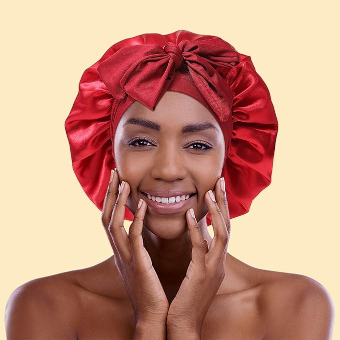 Satin Bonnet for Women With Tie Band - Large 2 Layered Silk Sleeping Cap Nightcap With 3PCS Hair Scrunchies (Wine Red)