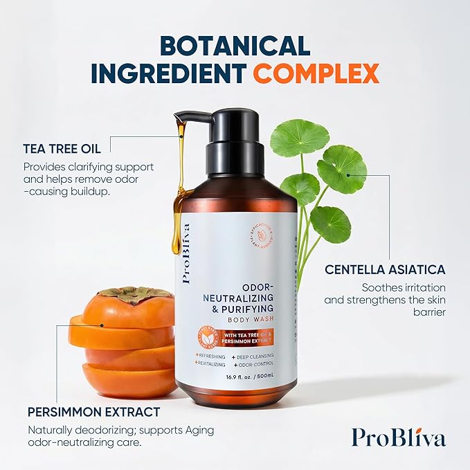 ProBliva Persimmon Body Wash & Soap for Aging Odor: Purifying & Odor-Neutralizing (500mL) for Older People Smell with Tea Tree Oil & Green Tea - Japanese Deodorizing & Eliminator for Adults & Seniors