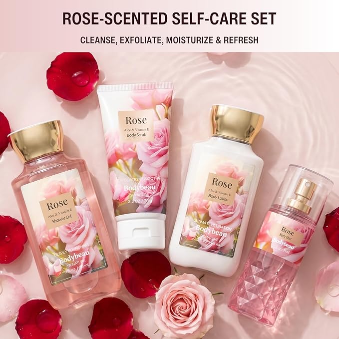 Rose Spa Gift Set For Women - 4PCS Luxury Bath and Body Kit with Shower Gel, Body Scrub, Lotion & Body Mist - Portable Travel Size Self Care Gift for Mom, Wife, Teens, Friends or Her