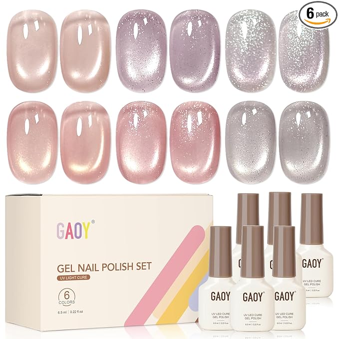 GAOY Cat Eye Gel Nail Polish Set with Magnet, Confetti Magnetic Nail Gel Neutral Nude Colors, Glitter Holography DIY Manicure