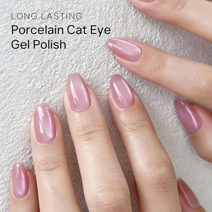 MIZHSE Cat Eye Gel Nail Polish, 8 Colors Pink Magnetic Gel Polish Set with Magnet Stick, Ceramics Effect Translucent Cats Eye Nails Soak Off Nail Art Manicure Home DIY Gift for Women