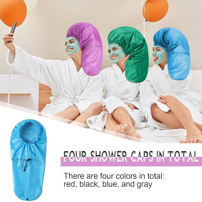Eurzom 4 Pcs Large Shower Cap for Braids Extra Long Shower Cap for Women Long Hair Locs Foldable Waterproof Reusable XL Hair Bonnets for Dreadlocks Drawstring Bath Caps(Pink, Blue, Green, Purple)