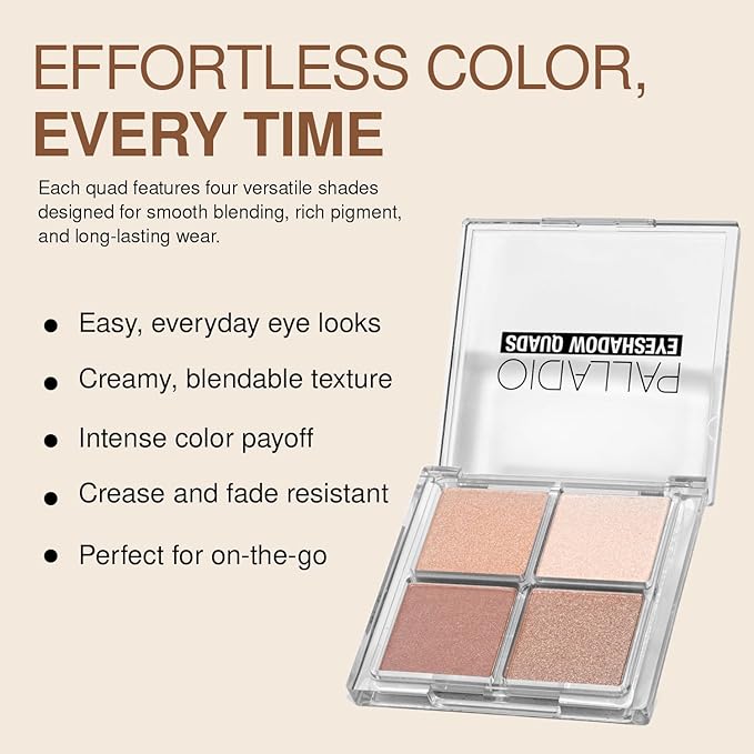 Palladio Eyeshadow Quads, Velvety Pigmented Blendable Matte, Metallic and Shimmer Finishes, Creamy Formula, Four Way Quad Eye Shadow Palette, Talc-Free (Ballerina)