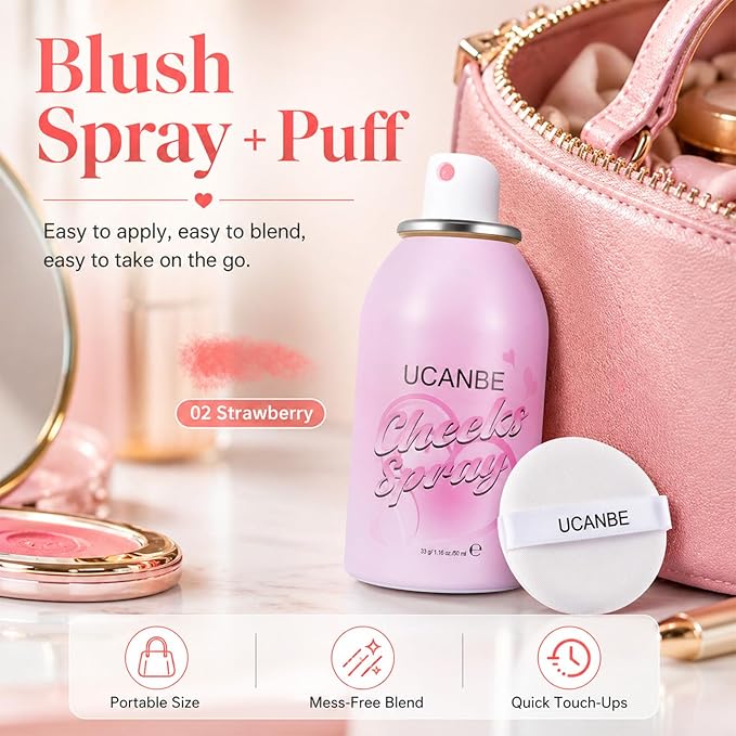 UCANBE Blush Spray with Puff, Hydrating Liquid Blush Mist for Cheeks - Soft Pigmented Buildable Blendable Breathable Blush, Healthy Dewy Glow Finish, Talc-Free, 02 Strawberry (1.16 oz)
