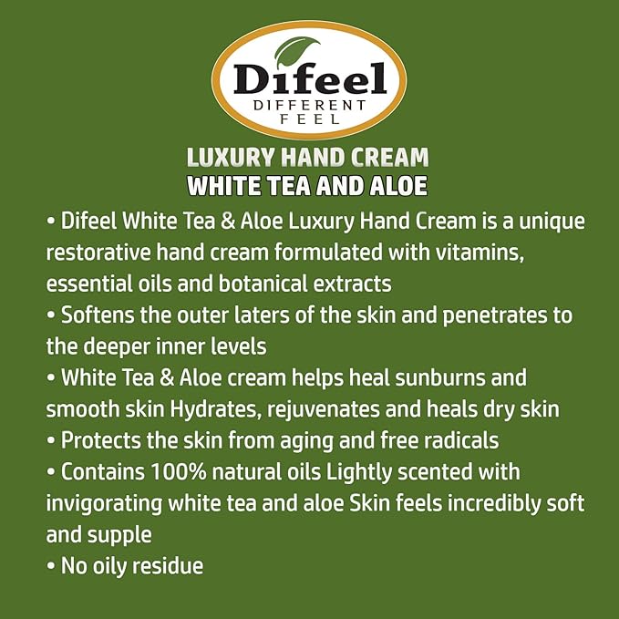 Difeel Hand Cream - White Tea and Aloe 100% Natural Oil and Vitamin E 1.4 ounce