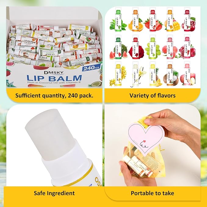 DMSKY Lip Balm 240 Pack, Natural Lip Balm Bulk with Vitamin E and Coconut Oil, Moisturizing Lip Care for Dry Chapped Lips, Party Favors-12 Flavors