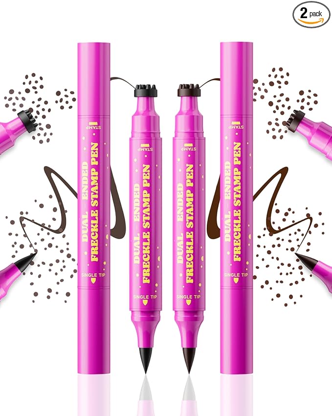 2 Color Faux Freckle Stamp Pen Kit, Upgrade Dual Ended 2-in-1 Waterproof Fake Freckle Pen with Multi-Prong Freckles Stamp Head for Women to Easily Create Natural Long-Lasting Sunkissed Makeup