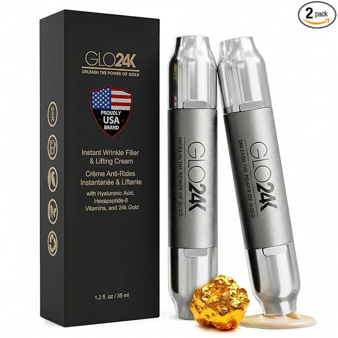 GLO24K Instant Wrinkle Filler for Face, XL Lifting Cream for Eye and Face, Lift and Tightening Non-Invasive with Hyaluronic Acid, 24k Gold, Peptides and Vitamins for Youthful Appearance, 1.2 fl oz (2)