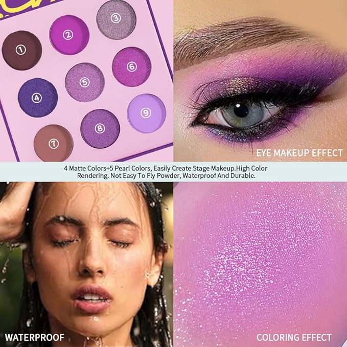 9-Color Purple Eyeshadow Palette–High Pigment Matte Shimmer Glitter Eyeshadow Palette in Magenta, Lavender, Lilac, Violet & Taupe,Long-Lasting Waterproof, Blendable for Creative & Everyday Looks