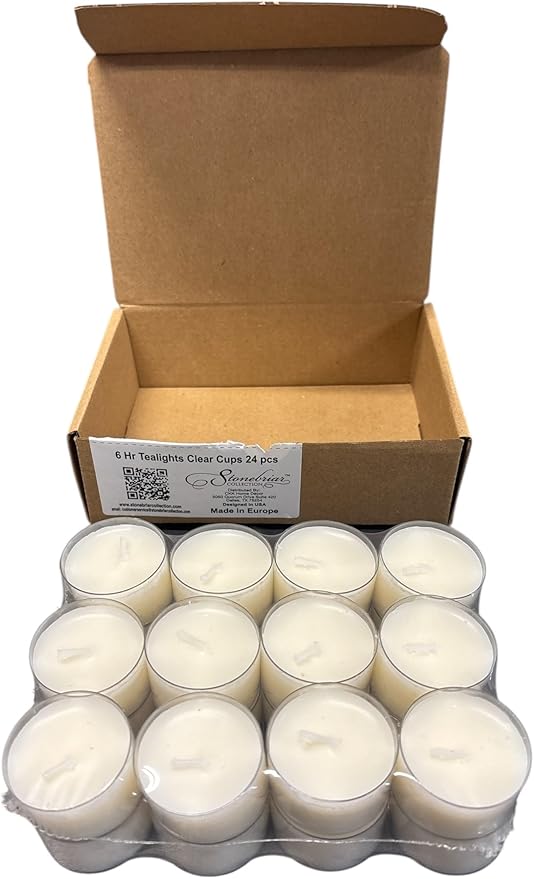 Stonebriar Bulk 24 Pack Unscented Smokeless Long Burning Clear Cup Tea Light Candles with 6 to 7 Hour Extended Burn Time